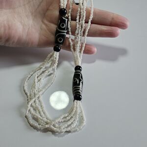 *Sale* White Layered Seed Bead Necklace With Black Accent Beads 30 Inches